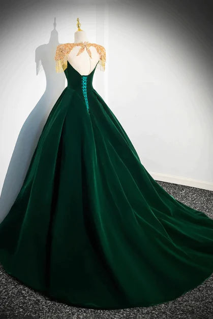 Vestido de fiesta largo de terciopelo verde oscuro con corte en A